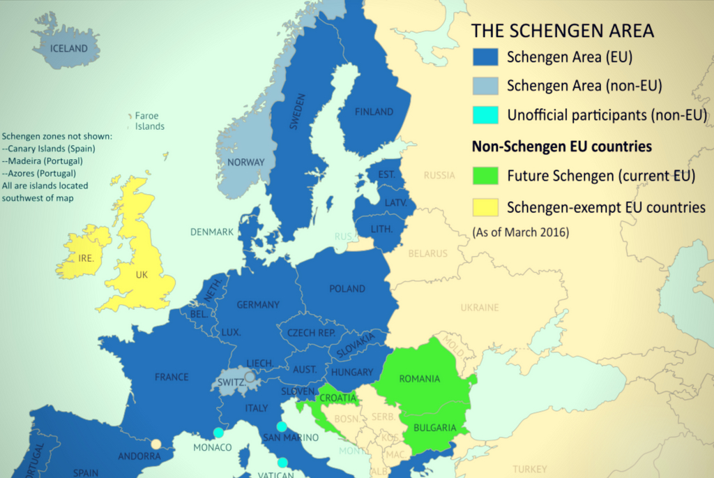 Harta Zonei Schengen - Romania si Bulgaria lasate pe dinafara